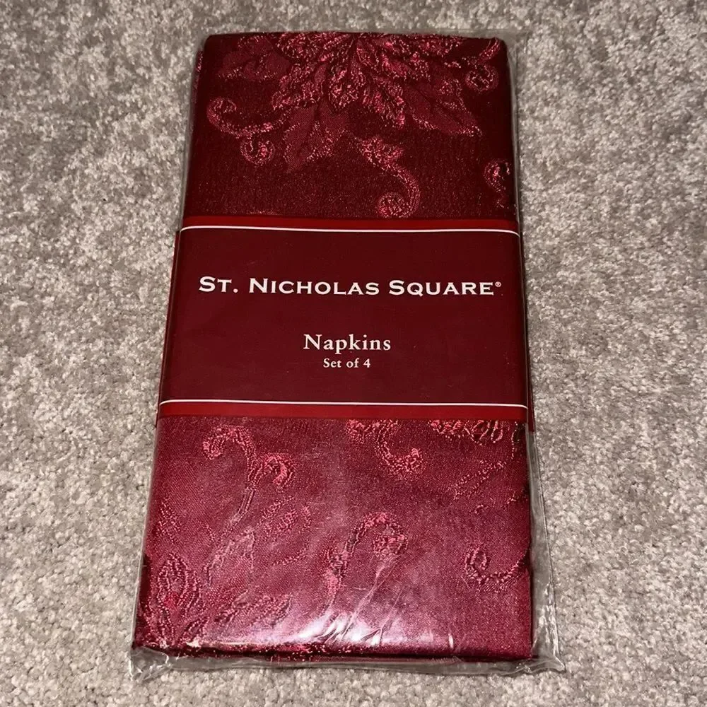 St. Nicholas Square Napkins Set of Four in Poinsettia Scroll Red!